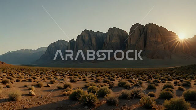 نمو النباتات الشوكية والأعشاب البرية في الوادي بين الجبال، تشكل التلال والرمال الذهبية الناعمة، الكثبان الرملية اللامعة عند غروب الشمس في صحراء السعودية، المناخ القاسي والجاف، مناطق البادية والبيئة الصحراوية، التضاريس الصخرية والسلاسل الجبلية في صحاري المملكة