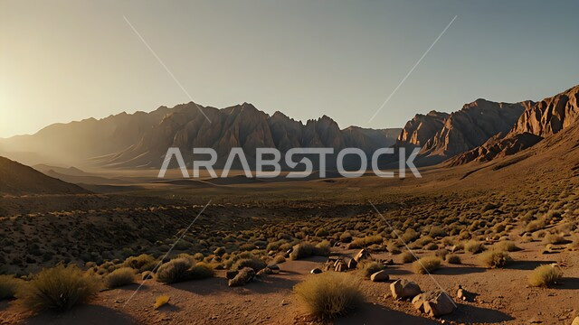 نمو النباتات الشوكية والأعشاب البرية في الوادي بين الجبال، تشكل التلال والرمال الذهبية الناعمة، الكثبان الرملية اللامعة عند غروب الشمس في صحراء السعودية، المناخ القاسي والجاف، مناطق البادية والبيئة الصحراوية، التضاريس الصخرية والسلاسل الجبلية في صحاري المملكة