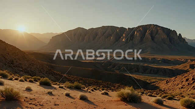 نمو النباتات الشوكية والأعشاب البرية في الوادي بين الجبال، تشكل التلال والرمال الذهبية الناعمة، الكثبان الرملية اللامعة عند غروب الشمس في صحراء السعودية، المناخ القاسي والجاف، مناطق البادية والبيئة الصحراوية، التضاريس الصخرية والسلاسل الجبلية في صحاري المملكة