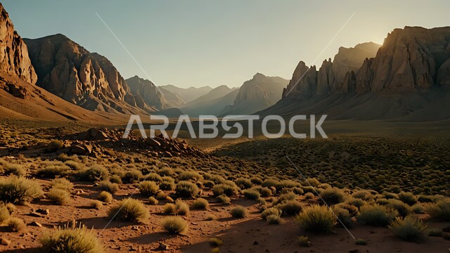 نمو النباتات الشوكية والأعشاب البرية في الوادي بين الجبال، تشكل التلال والرمال الذهبية الناعمة، الكثبان الرملية اللامعة عند غروب الشمس في صحراء السعودية، المناخ القاسي والجاف، مناطق البادية والبيئة الصحراوية، التضاريس الصخرية والسلاسل الجبلية في صحاري المملكة