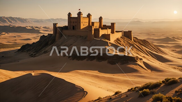 معالم أثرية تاريخية قديمة، الكثبان الرملية الناعمة في صحراء السعودية، الرمال الذهبية اللامعة في النهار، المناظر الطبيعية في الأماكن السياحية، مناطق جذب واستقطاب السياح والزوار، قلعة صحراوية تراثية متشكلة أعلى القمم الرمليه في أحد صحاري المملكة