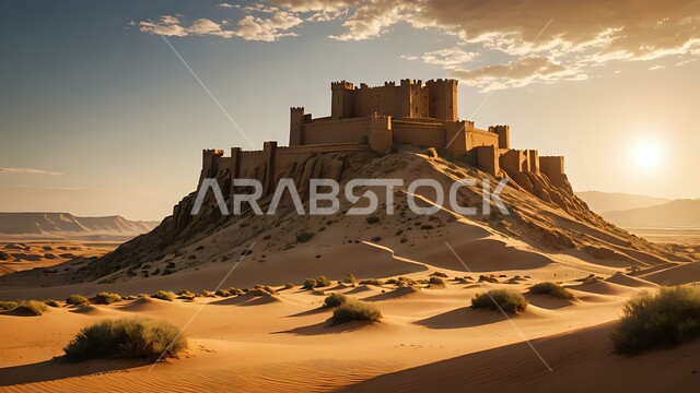 معالم أثرية تاريخية قديمة، الكثبان الرملية الناعمة في صحراء السعودية، الرمال الذهبية اللامعة في النهار، المناظر الطبيعية في الأماكن السياحية، مناطق جذب واستقطاب السياح والزوار، قلعة صحراوية تراثية متشكلة أعلى القمم الرمليه في أحد صحاري المملكة