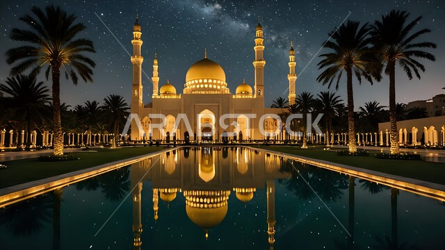 تصاميم وزخارف تقليدية للمآذن والقبب العريقة، الفن الهندسي المعماري المميز لمسجد مضيء في الليل، أماكن ودور العبادة، فن العمارة الإسلامية في بناء المساجد، أشجار النخيل المحيطة بالساحة الخارجية، انعكاس الأضواء على سطح بركة المياه الصافية، نداء المسلمين للصلاة 