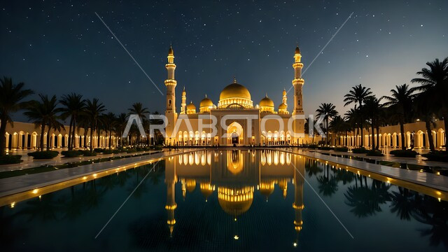 تصاميم وزخارف تقليدية للمآذن والقبب العريقة، الفن الهندسي المعماري المميز لمسجد مضيء في الليل، أماكن ودور العبادة، فن العمارة الإسلامية في بناء المساجد، أشجار النخيل المحيطة بالساحة الخارجية، انعكاس الأضواء على سطح بركة المياه الصافية، نداء المسلمين للصلاة 
