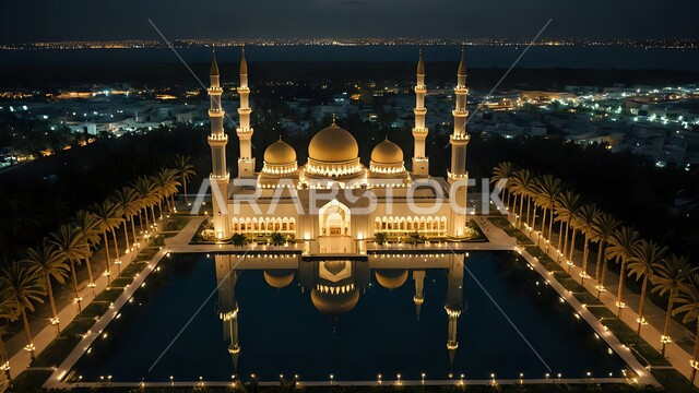تصاميم وزخارف تقليدية للمآذن والقبب العريقة، الفن الهندسي المعماري المميز لمسجد مضيء في الليل، أماكن ودور العبادة، فن العمارة الإسلامية في بناء المساجد، أشجار النخيل المحيطة بالساحة الخارجية، انعكاس الأضواء على سطح بركة المياه الصافية، نداء المسلمين للصلاة 