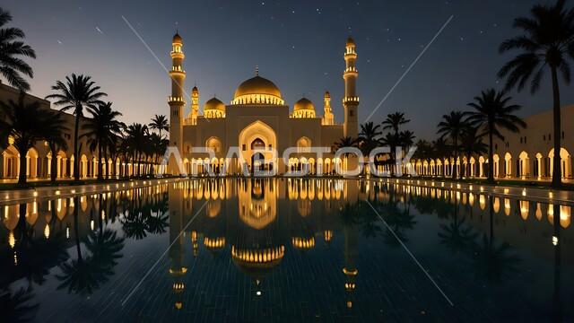 تصاميم وزخارف تقليدية للمآذن والقبب العريقة، الفن الهندسي المعماري المميز لمسجد مضيء في الليل، أماكن ودور العبادة، فن العمارة الإسلامية في بناء المساجد، أشجار النخيل المحيطة بالساحة الخارجية، انعكاس الأضواء على سطح بركة المياه الصافية، نداء المسلمين للصلاة 