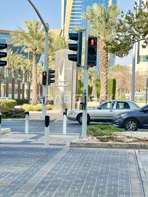 معبر المشاة وسط مدينة الرياض في وقت النهار, الاهتمام في زراعه النباتات و اشجار النخيل الخضراء, الطرق و الشوارع المعبدة في المملكة العربية السعودية, وسائل النقل و المواصلات, انتظار اشارة المرور لسير السيارات