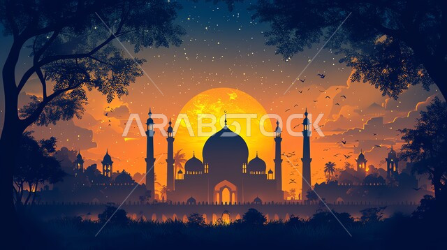 ديكورات ومساجد في الأجواء الرمضانية الروحانية، بطاقات اسلامية تقليدية للاحتفال بقدوم شهر الخير، الفن الاسلامي لاماكن العبادة والطاعة، هلال شهر الخير، إضاءة وزينة رمضان المبارك