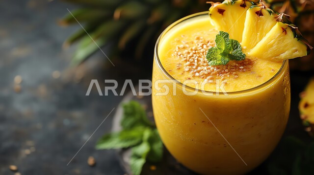 مشاريب طبيعية باردة شهية، ثمار ومحاصيل زراعية وطنية محلية سعودية، مشروبات فواكه موسمية منعشة، كأس من عصير فاكهة الأنانس اللذيذة، عصائر صحية ومفيدة ومغذية