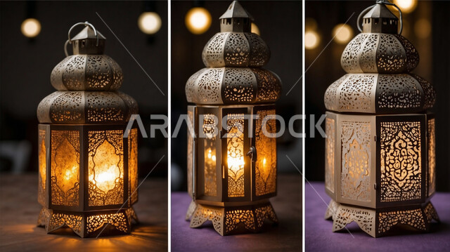 مجموعة من الفوانيس العربية التقليدية المعدنية المزخرفة، ديكورات وزينة و أنوار، الاحتفالات بالمناسبات و الأعياد الدينية الإسلامية, البهجة بقدوم رمضان المبارك, أضواء و مصابيح عربية تقليدية, الأجواء الروحانية في الأيام الفضيلة, الاستعداد لاستقبال الشهر الفضيل