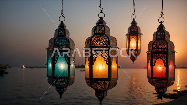 ديكورات وزينة و أنوار، الاحتفالات بالمناسبات و الأعياد الدينية الإسلامية, مجموعة من الفوانيس العربية التقليدية المعدنية المزخرفة المعلقة، البهجة بقدوم رمضان المبارك, أضواء و مصابيح عربية تقليدية, الأجواء الروحانية في الأيام الفضيلة, الاستعداد لاستقبال الشهر الفضيل