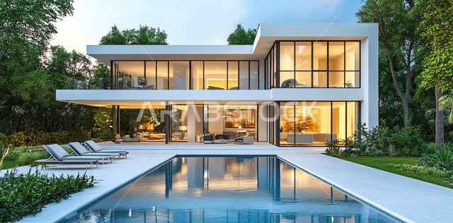 تصاميم عصرية مميزة لحوض السباحة، الاهتمام في زراعه الأشجار والنباتات الخضراء في حديقة مجمع سكني فاخر، الفن الهندسي المعماري على الطراز الحديث للشقق و الفلل السكنية، منتجعات سياحية متميزة مضيئة 