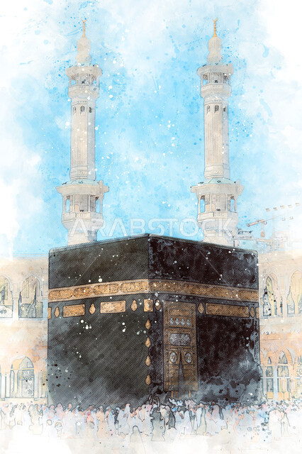 Destination of Muslims from all over the world, performing Hajj and Umrah rituals, holy Islamic religious places and landmarks in the Kingdom of Saudi Arabia, worship and drawing closer to God Almighty, artistic drawings of the Grand Mosque in Mecca, a painting of the Kaaba in Mecca