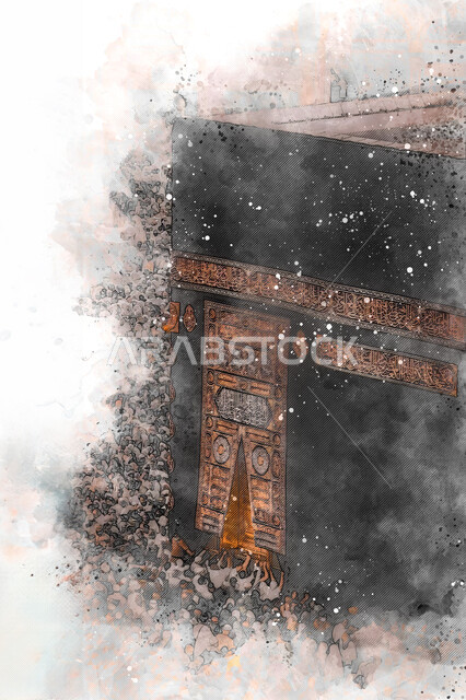مقصد المسلمين من أنحاء العالم، أداء مناسك الحج والعمرة، الأماكن والمعالم الدينية الإسلامية المقدسة في المملكة العربية السعودية, العبادة والتقرب إلى الله تعالى، رسومات فنية للحرم المكي الشريف، لوحة الكعبة المشرفة بمكة المكرمة