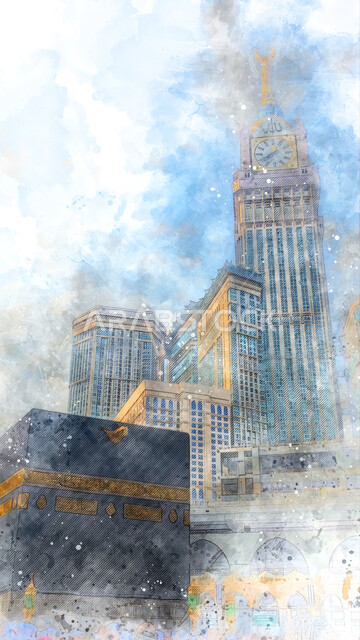 لوحة فنية لبرج الساعة الملكي والكعبة المشرفة في مكة المكرمة بالمملكة العربية السعودية، رسومات للحرم المكي الشريف، معالم وأماكن إسلامية مشهورة مقدسة، موسم الحج والعمرة، قبلة الاسلام والمسلمين