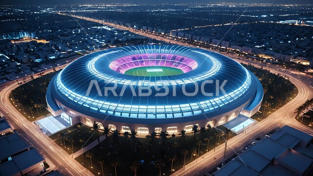 الفن الهندسي المعماري على الطراز الحديث، ملعب عصري مضاء في الليل، أماكن للأنشطة الترفيهية الرياضية والمباريات والبطولات العالمية، النمو والتقدم العمراني للملاعب والأندية، المشاريع المعمارية في المناطق الحضرية في المملكة العربية السعودية