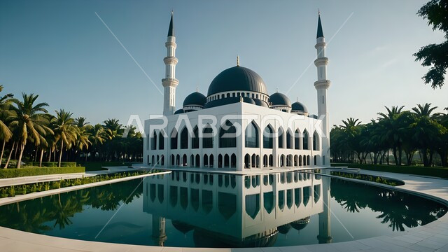 العبادة والتقرب إلى الله تعالى، الفن الهندسي المعماري على الطراز الحديث للمساجد، أشجار النخيل المحيطة بالساحة الخارجية، انعكاس مسجد على سطح بركة المياه الصافية في النهار، الأماكن والمعالم الدينية الإسلامية، الديكورات والتصاميم العصرية للمآذن والقبب