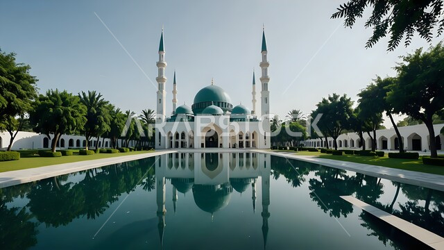 الفن الهندسي المعماري على الطراز الحديث للمساجد، أشجار النخيل المحيطة بالساحة الخارجية، انعكاس مسجد على سطح بركة المياه الصافية في النهار، الأماكن والمعالم الدينية الإسلامية، العبادة والتقرب إلى الله تعالى، الديكورات والتصاميم العصرية للمآذن والقبب