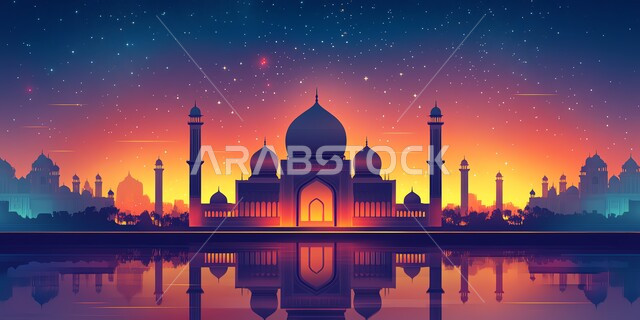 الديكورات والتصاميم العصرية للمآذن والقبب، صورة ظلية لانعكاس مسجد على سطح بركة المياه الصافية، الأماكن والمعالم الدينية الإسلامية، العبادة والتقرب إلى الله تعالى، الفن الهندسي المعماري على الطراز الحديث للمساجد