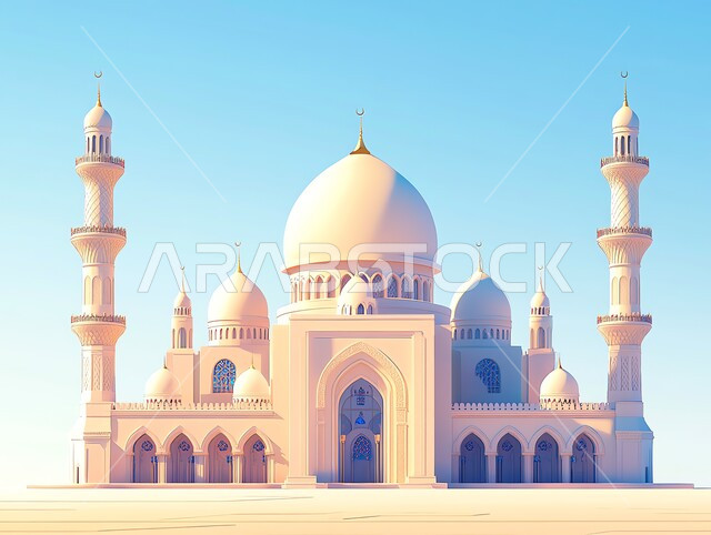 الديكورات والتصاميم العصرية للمآذن والقبب، مجسم ثلاثي الأبعاد لمسجد على الطراز الإسلامي باللون الأبيض، الأماكن والمعالم الدينية، مفهوم العبادة والتقرب إلى الله تعالى، الفن الهندسي المعماري الحديث للمساجد