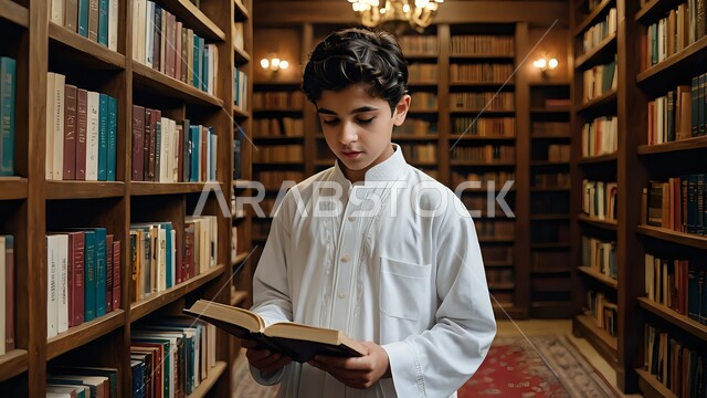 مفهوم الثقافة والتعلم الذاتي, قراءة القصص والروايات الممتعة, شاب عربي خليجي سعودي يرتدي الثوب التقليدي يقف بجانب الرفوف المكتبية ويمسك بيده كتاب, تنمية الذخيرة الثقافية, ممارسة هواية المطالعة، تغذية الأفكار وزيادة المعرفة، زيارة المكتبة في أوقات الفراغ 