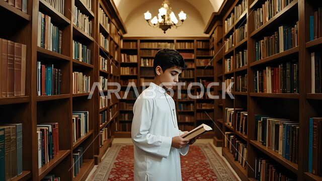 مفهوم الثقافة والتعلم الذاتي, قراءة القصص والروايات الممتعة, شاب عربي خليجي سعودي يرتدي الثوب التقليدي يقف بجانب الرفوف المكتبية ويمسك بيده كتاب, تنمية الذخيرة الثقافية, ممارسة هواية المطالعة، تغذية الأفكار وزيادة المعرفة، زيارة المكتبة في أوقات الفراغ 