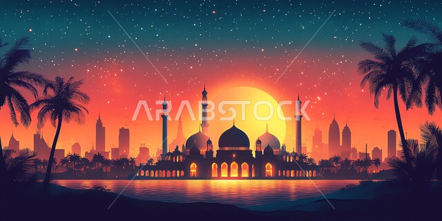 Religious places and landmarks, modern decorations and designs of minarets and domes, silhouette of an Islamic-style mosque at sunset, the concept of worship and drawing closer to God Almighty, modern architectural engineering art of mosques, performing prayers, worship and obedience