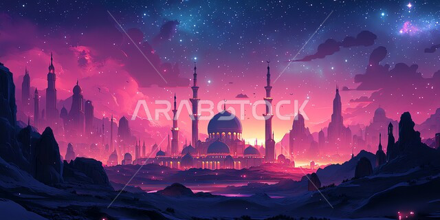 The concept of worship and drawing closer to God Almighty, religious places and landmarks, modern decorations and designs of minarets and domes, silhouette of a mosque in the Islamic style, modern architectural engineering art of mosques, performing prayers, worship and obedience