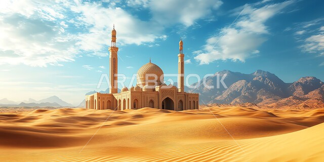 التضاريس والتشكلات الرملية في صحاري المملكة العربية السعودية، أداء الصلوات والعبادات والطاعات، مفهوم العبادة والتقرب إلى الله تعالى، الديكورات والتصاميم العصرية للمآذن والقبب، مسجد على الطراز الإسلامي وسط الصحراء، الفن الهندسي المعماري الحديث للمساجد