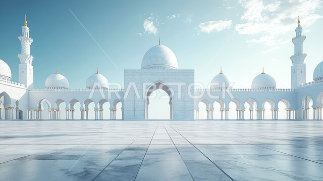 الفن الهندسي المعماري الحديث للمساجد في المملكة العربية السعودية، أداء الصلوات والعبادات والطاعات، مفهوم العبادة والتقرب إلى الله تعالى، الديكورات والتصاميم العصرية للمآذن والقبب، مسجد على الطراز الإسلامي باللون الأبيض