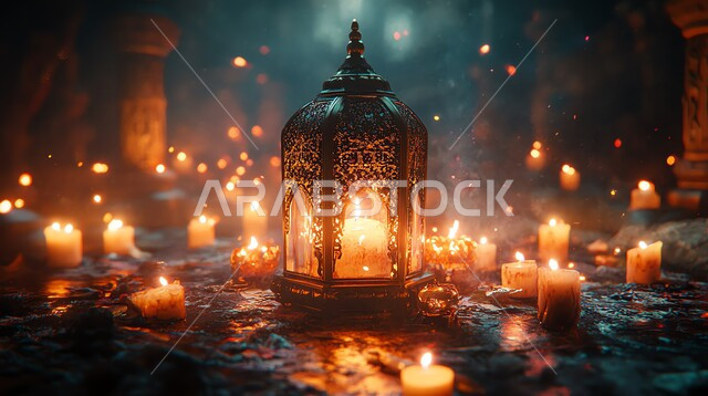 Traditional Arabic metal lantern decorated at night surrounded by a group of candles, the Islamic spiritual Ramadan atmosphere, Arab customs and traditions in decorating holidays and religious occasions, lanterns, antiques and traditional decorations to celebrate the month of goodness