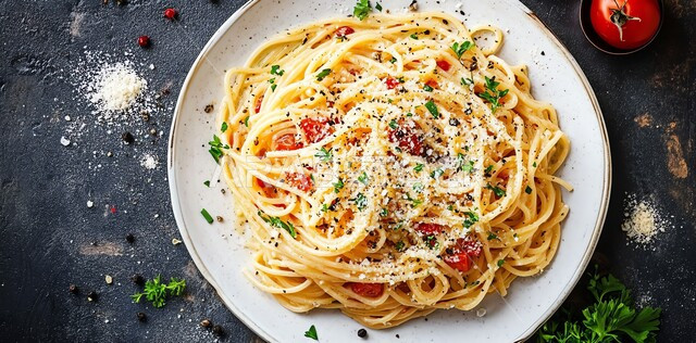 طبق من معكرونة السباغيتي مع الخضراوات مزين بالأعشاب الخضراء, أطباق ووجبات آسيوية شرقية، وجبة من الباستا الشهية، وعاء نودلز مع أصناف الخضار الطازجة، مطاعم المأكولات السريعة