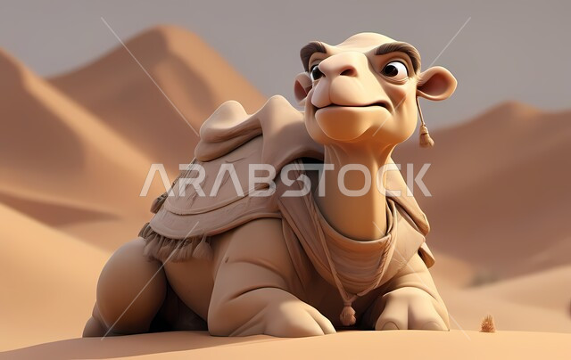 الاهتمام برعاية الثديات في الصحاري, المساحات والأراضي الواسعة في الصحراء, مفهوم تربية المواشي في المحميات الطبيعية في المملكة العربية السعودية, رسوم ثلاثية الأبعاد لجمل وسط الكثبان الرملية الناعمة