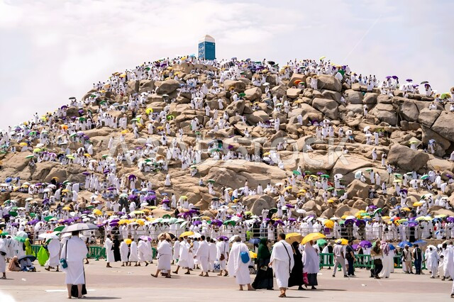 توافد حجاج بيت الله الحرام للتجمع على جبل عرفات, إتمام مناسك الحج بالوقوف في جبل الرحمة, حشود المسلمين في وقفة يوم عرفة, الدعاء والتقرب إلى الله, معلم إسلامي مشهور في مكة المكرمة بالمملكة العربية السعودية