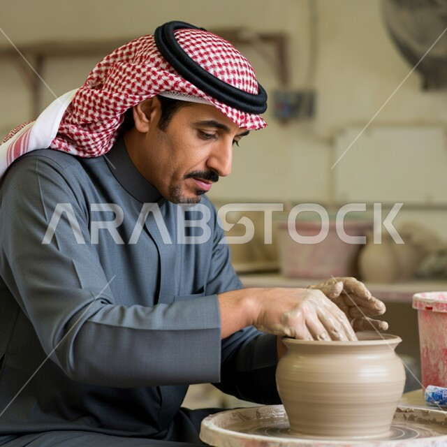 أعمال محلية وطنية بأيدي سعودية، احتراف العمل في صناعة الخزفيات، حرف وصناعات يدوية شعبية من التراث السعودي العريق، صنع الجرار الفخارية المزخرفة، أواني خزفية مصنوعة من الطين، رجل عربي خليجي سعودي يرتدي الثوب التقليدي يقوم بصنع إناء من الفخار