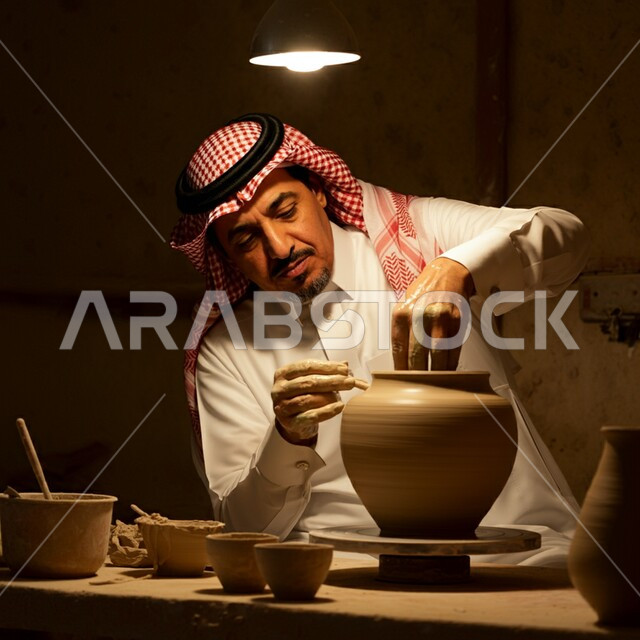 أعمال محلية وطنية بأيدي سعودية، احتراف العمل في صناعة الخزفيات، حرف وصناعات يدوية شعبية من التراث السعودي العريق، صنع الجرار الفخارية المزخرفة، أواني خزفية مصنوعة من الطين، رجل عربي خليجي سعودي يرتدي الثوب التقليدي يقوم بصنع إناء من الفخار