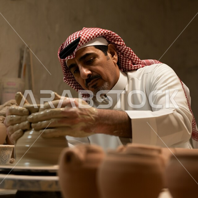 أعمال محلية وطنية بأيدي سعودية، احتراف العمل في صناعة الخزفيات، حرف وصناعات يدوية شعبية من التراث السعودي العريق، صنع الجرار الفخارية المزخرفة، أواني خزفية مصنوعة من الطين، رجل عربي خليجي سعودي يرتدي الثوب التقليدي يقوم بصنع إناء من الفخار