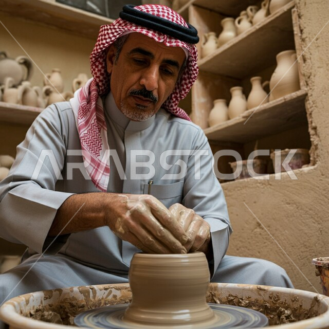 Professionalism in ceramics industry, popular handicrafts and crafts from the ancient Saudi heritage, making decorated pottery jars, pottery vessels made of clay, a Saudi Gulf Arab man wearing traditional clothing making a pottery vessel, local national works by Saudi hands
