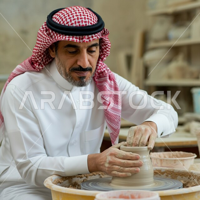 احتراف العمل في صناعة الخزفيات، حرف وصناعات يدوية شعبية من التراث السعودي العريق، صنع الجرار الفخارية المزخرفة، أواني خزفية مصنوعة من الطين، رجل عربي خليجي سعودي يرتدي الثوب التقليدي يقوم بصنع إناء من الفخار، أعمال محلية وطنية بأيدي سعودية