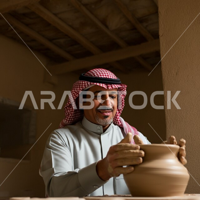Professionalism in ceramics industry, popular handicrafts and crafts from the ancient Saudi heritage, making decorated pottery jars, pottery vessels made of clay, a Saudi Gulf Arab man wearing traditional clothing making a pottery vessel, local national works by Saudi hands