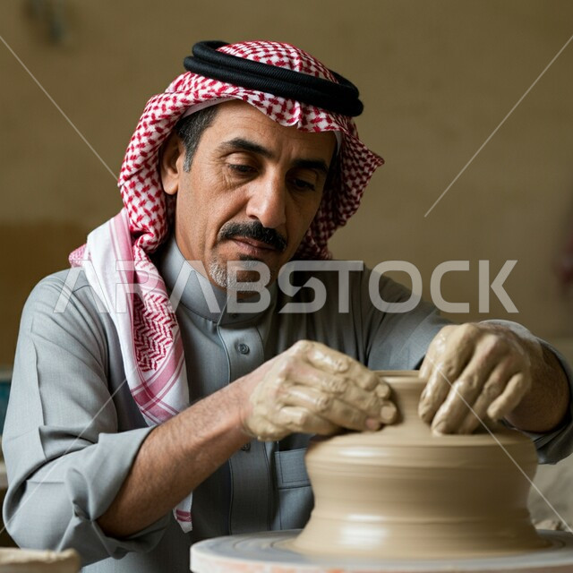 احتراف العمل في صناعة الخزفيات، حرف وصناعات يدوية شعبية من التراث السعودي العريق، صنع الجرار الفخارية المزخرفة، أواني خزفية مصنوعة من الطين، رجل عربي خليجي سعودي يرتدي الثوب التقليدي يقوم بصنع إناء من الفخار، أعمال محلية وطنية بأيدي سعودية