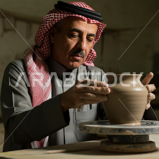 صنع الجرار الفخارية المزخرفة، أواني خزفية مصنوعة من الطين، احتراف العمل في صناعة الخزفيات، حرف وصناعات يدوية شعبية من التراث السعودي العريق، رجل عربي خليجي سعودي يرتدي الثوب التقليدي والشماغ يقوم بصنع إناء من الفخار، أعمال محلية وطنية بأيدي سعودية