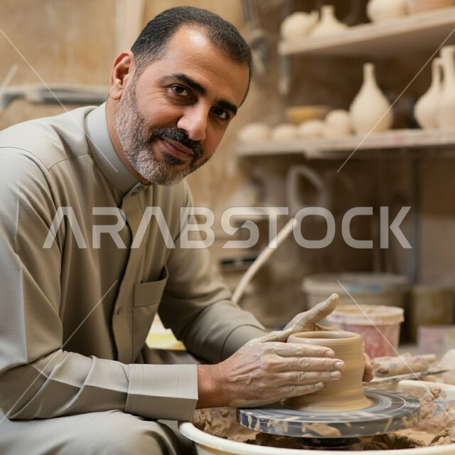 حرف وصناعات يدوية شعبية من التراث السعودي العريق، صنع الجرار الفخارية المزخرفة، أواني خزفية مصنوعة من الطين، احتراف العمل في صناعة الخزفيات، رجل عربي خليجي سعودي يرتدي الثوب التقليدي يقوم بصنع إناء من الفخار، أعمال محلية وطنية بأيدي سعودية