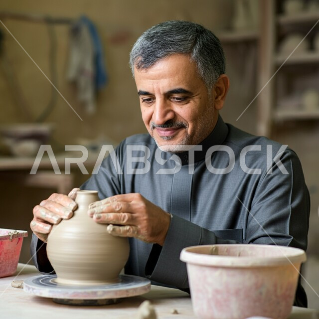 حرف وصناعات يدوية شعبية من التراث السعودي العريق، صنع الجرار الفخارية المزخرفة، أواني خزفية مصنوعة من الطين، احتراف العمل في صناعة الخزفيات، رجل عربي خليجي سعودي يرتدي الثوب التقليدي يقوم بصنع إناء من الفخار، أعمال محلية وطنية بأيدي سعودية