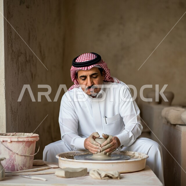 صنع الجرار الفخارية المزخرفة، أواني خزفية مصنوعة من الطين، احتراف العمل في صناعة الخزفيات، حرف وصناعات يدوية شعبية من التراث السعودي العريق، رجل عربي خليجي سعودي يرتدي الثوب التقليدي والشماغ يقوم بصنع إناء من الفخار، أعمال محلية وطنية بأيدي سعودية