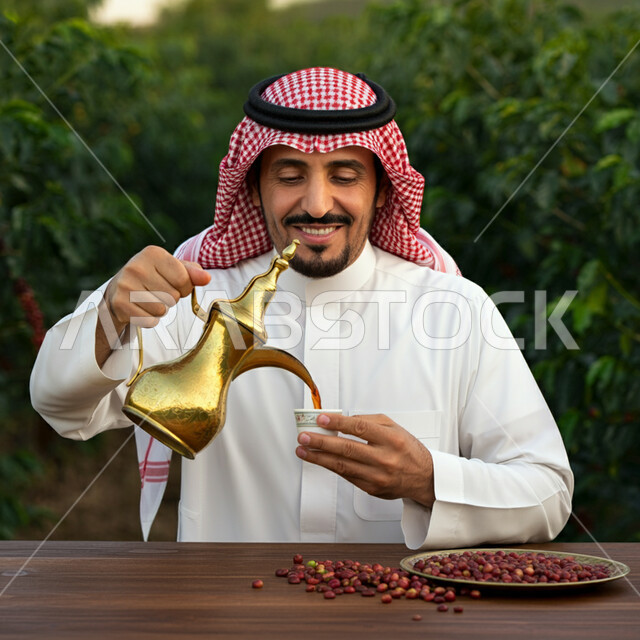 عادات وتقاليد أصيلة في تقديم المشروبات, السير على نهج الأجداد في إكرام الضيف, صورة مقربة لرجل عربي خليجي سعودي يرتدي الثوب التقليدي والشماغ يقوم بصب القهوة من الدلة النحاسية, توارث حسن الاستقبال والكرم, تقديم المنتجات المحلية للضيوف