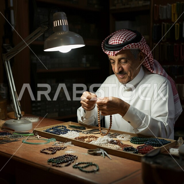 أعمال تقليدية شعبية بأيدي سعودية, مشغولات وصناعات يدوية, الفخر والتباهي بالحرف والتراث الخليجي السعودي، احتراف المهن التراثية القديمة, رجل عربي خليجي سعودي يرتدي الثوب التقليدي والشماغ يقوم بضم حبات الخرز الملونة لصنع السبحات الإسلامية
