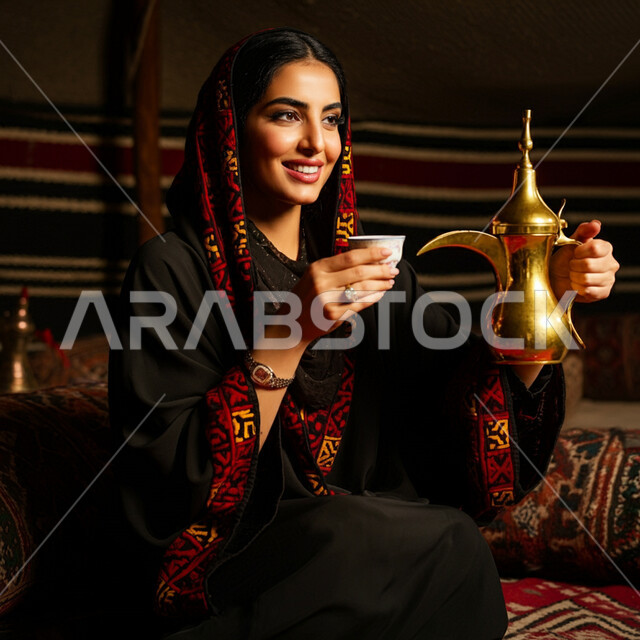  أصالة عادات وتقاليد المجتمع السعودي في المناسبات الاسلامية, كرم الضيافة وحسن الاستقبال في السعودية, صورة مقربة لشابة عربية خليجية سعودية مبتسمة ترتدي العباءة والحجاب تقوم بصب القهوة الخليجية, تقديم المشروبات الساخنة العربية الأصيلة في الأعياد