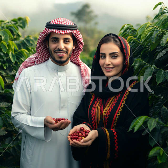 النظر الى الكاميرا بايماءات السعادة والسرور، منتجات وطنية محلية في المملكة العربية السعودية،  صورة لرجل عربي خليجي سعودي يرتدي الثوب التقليدي والشماغ يقف مع زوجته يمسكان بيدهما حبات البن الطازجة،