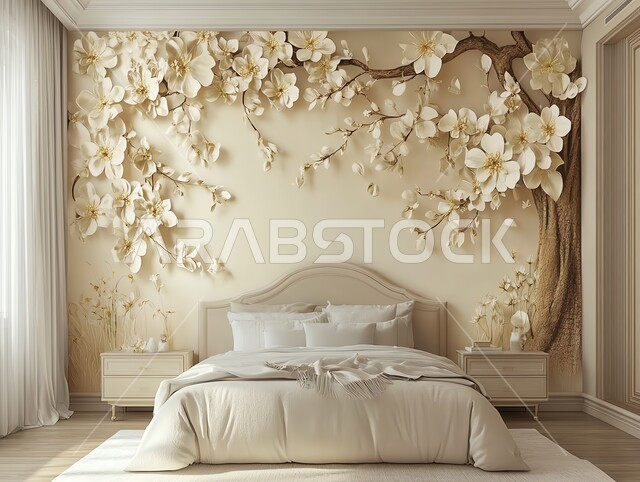 التحف والديكورات الداخليه الأنيقة، غرفة نوم فاخرة على الطراز الحديث, أثاث منزلي راقي ومريح باللون الأبيض والبيج, غرف معيشه بتصاميم عصرية, شقق وفلل سكنية في المملكة العربية السعودية